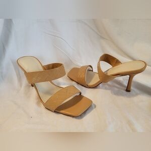 Square Toe Sandal SlipOn Stiletto Two Strap Backless Summer Heel Beige Size 9.5